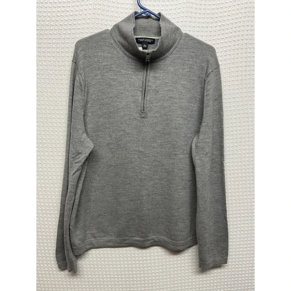 Banana Republic Mens Sweater XL Gray Merino Wool Quarter Zip Pullover PreppyKnit